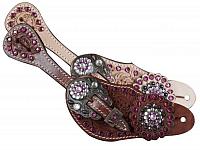8070 LADIES SIZE Pink crystal rhinestone spur straps with floral tooling