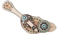 8071 LADIES SIZE Teal crystal rhinestone spur straps with floral tooling