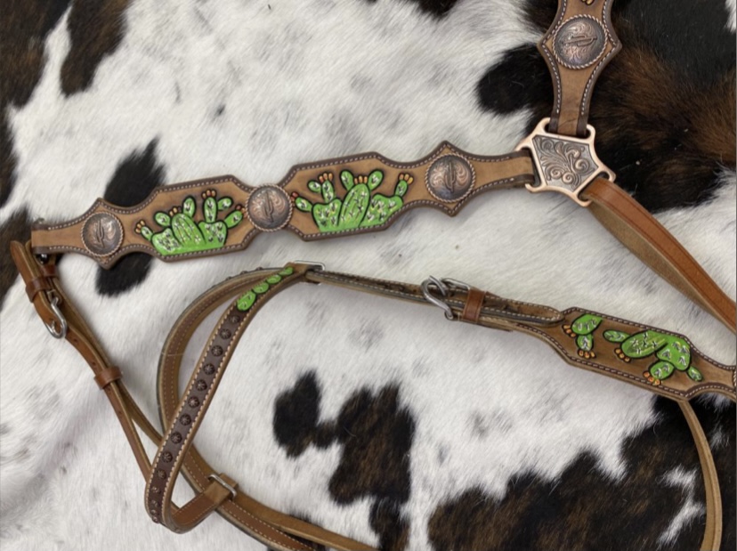 8002 Hand Painted Cactus Brow band Headstall and Breast collar Set.