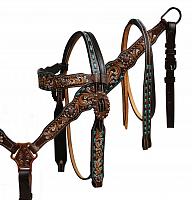 85005 Hand painted floral tooled headstall and breast collar with teal buck stitch