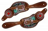 9091 Ladies size floral tooled spur straps with metallic paint and pink crystals