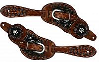 9092 Ladies size painted floral tooled spur straps with crystal conchos