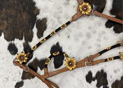 8005 Sunflower beaded Headstall and Breast collar Set w/ 3D leather painted sunflower accents.