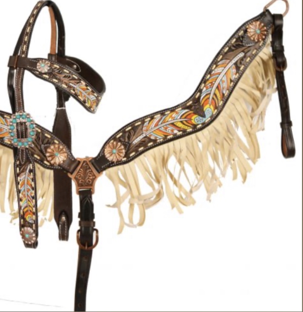 85052 Painted feather browband headstall and breast collar set.