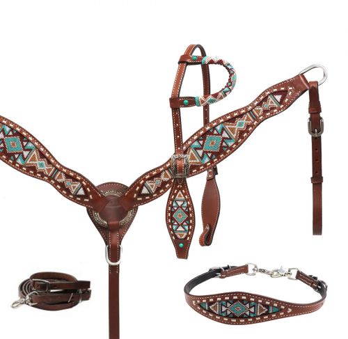 13846 Navajo beaded tack set wither strap and competitor reins