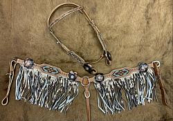 8009 Painted 3D Flower & Aztec Beaded Browband Headstall and Breast collar Set with Fringe.