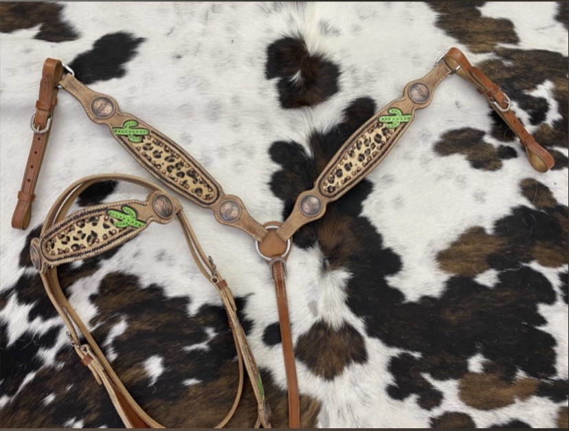 8003 Hand Painted Cactus Brow band Headstall and Breast collar Set with cheetah hair inlay.