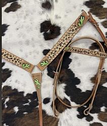 7042 Hand Painted Cactus Brow band Headstall and Breast collar Set with cheetah hair accent.
