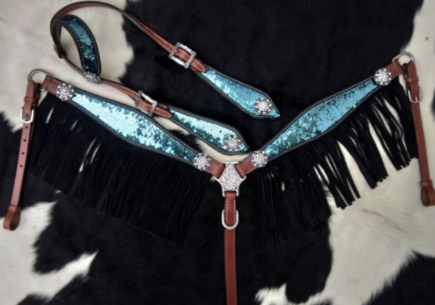 14249 Turquoise and Silver Sequins Inlay Single Ear Headstall and Breast Collar Set with black suede leather fringe.