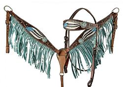 202526 Hand painted feather design browband headstall and breast collar set with crystal conchos and fringe.