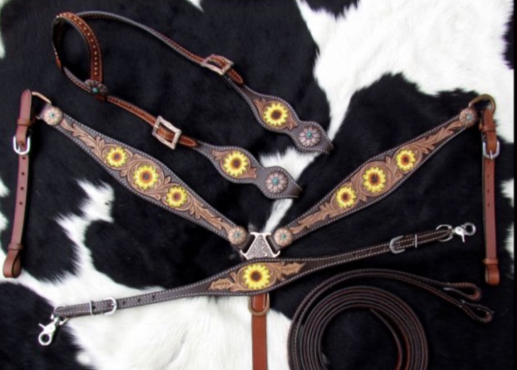 14231 Hand Painted Sunflower Leather Single Ear headstall and breastcollar set