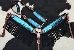 14261 Turquoise and Pink Sequins Inlay Single Ear Headstall and Breast Collar Set with black suede leather fringe.