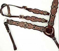 14374 Cheetah print one ear headstall and breast collar set with turquoise accents