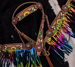 7076 Hand Painted Feather, Sunflower and Cactus Brow band Headstall and Breast collar Set with Metallic Rainbow Fringe.