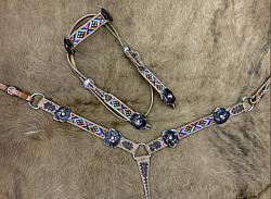 8013 Aztec beaded Browband Headstall and Breast collar Set w/ 3D leather painted flower accents.