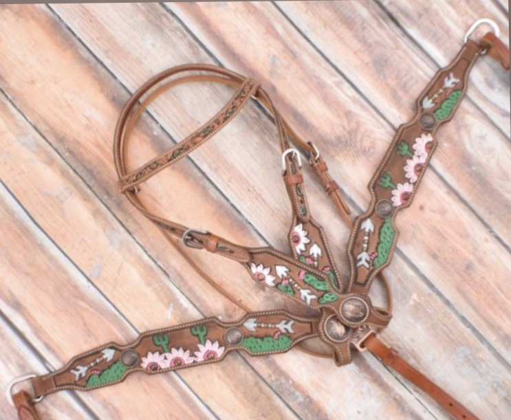 7056 White and Pink Sunflower and Cactus Brow Band headstall and breast collar set