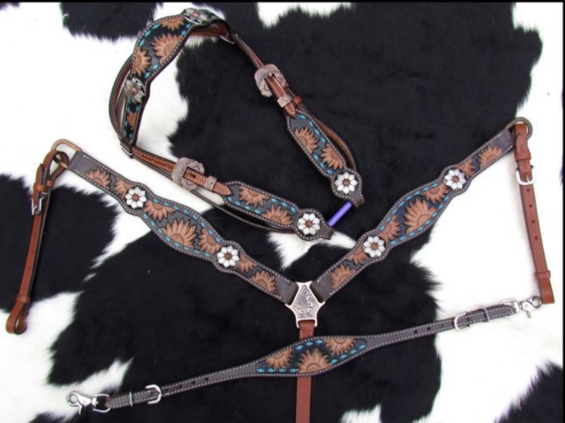 14210 Sunflower Tooled Leather Browband headstall and breastcollar set