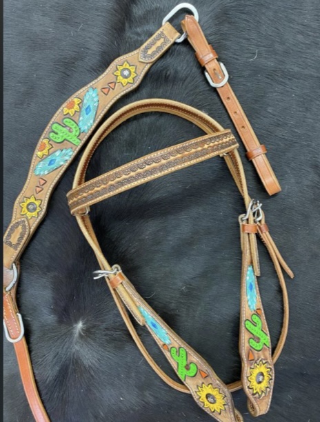 7095 Hand painted sunflower, southwest and cactus headstall and breast collar set