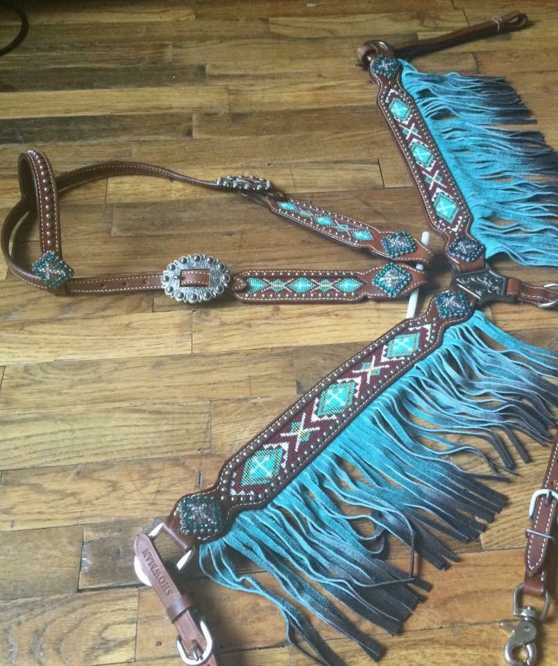 13076 Teal Ombre Beaded fringe headstall and breast collar set