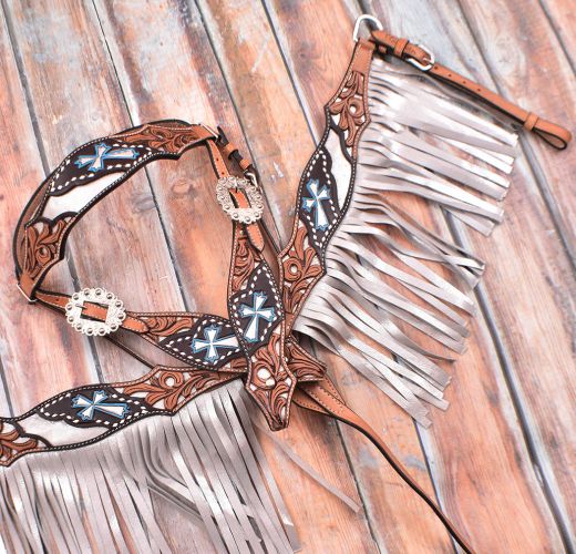201901 silver hand painted cross fringe tack set