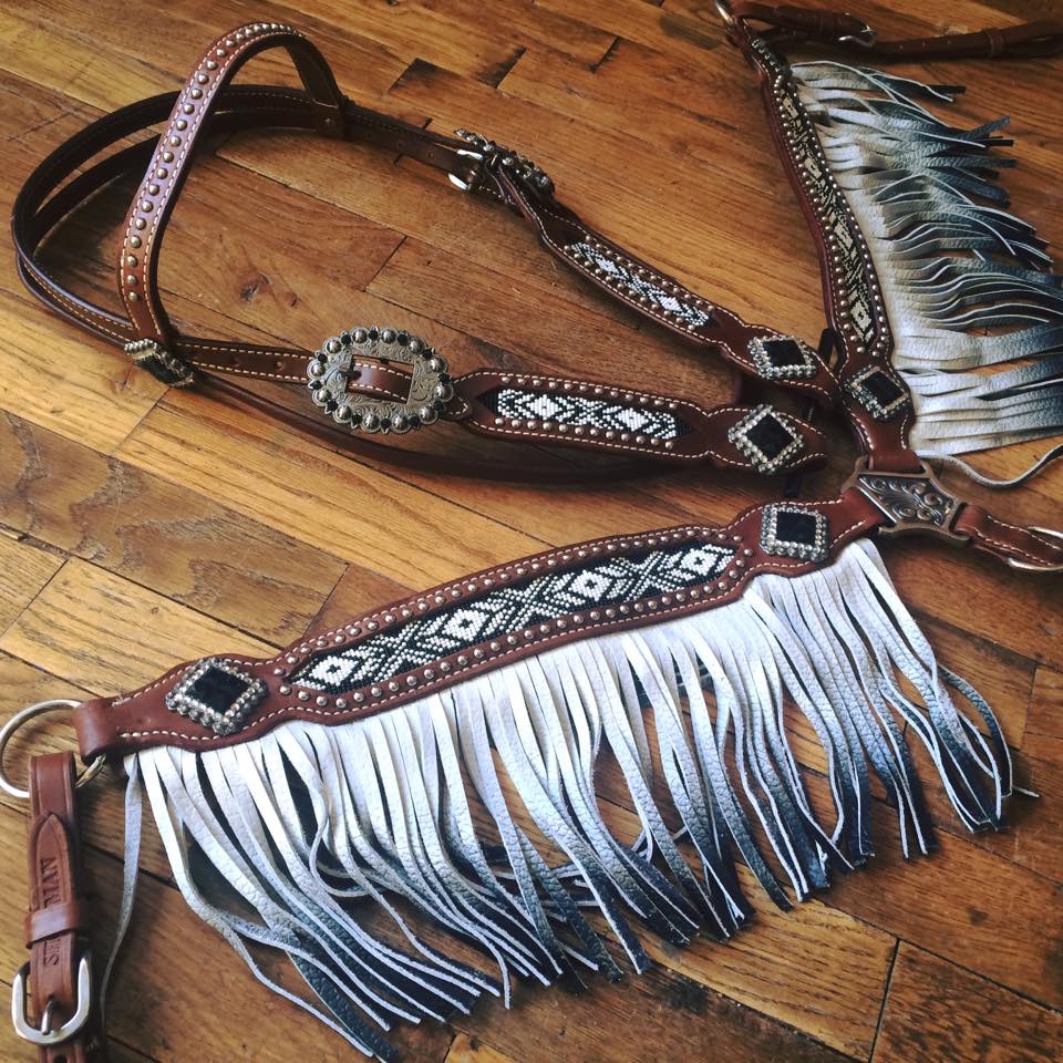 13528 Black and white beaded headstall and breast collar with ombre fringe
