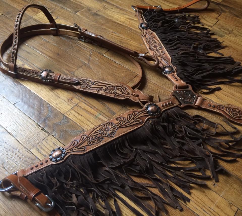 6015 double stitched leather headstall and breast collar set with black suede fringe and floral tooling