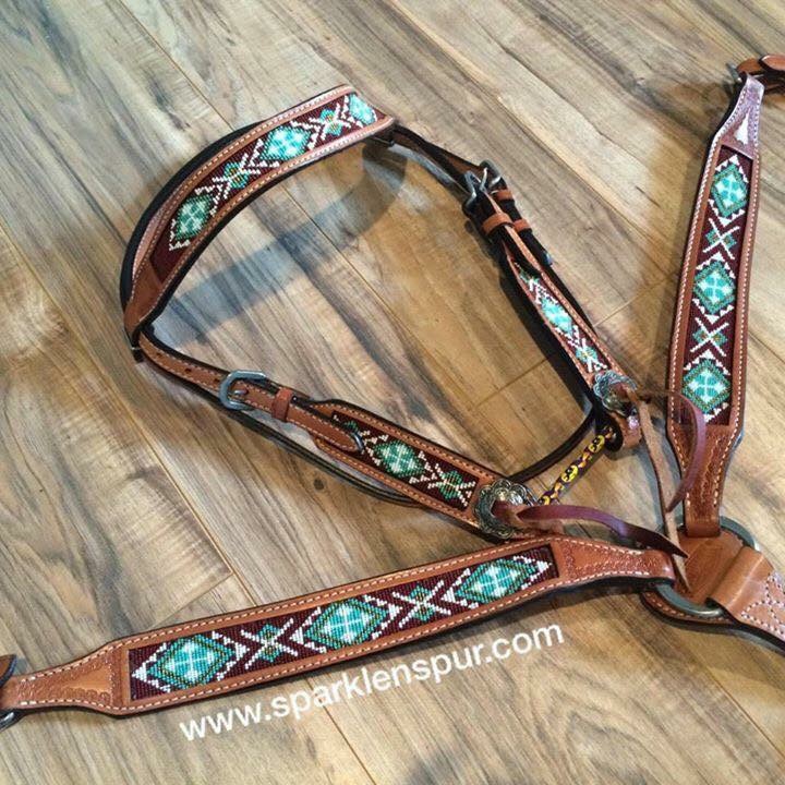13744 turq and maroon beaded leather tack set